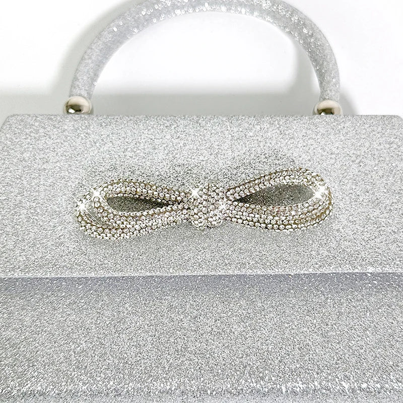 Elegante bolsa de embreagem de lantejoulas para mulheres, couro PU, bolsa de noite, diamante padrão Bownot, bolsa de casamento, alça superior, moda, senhora