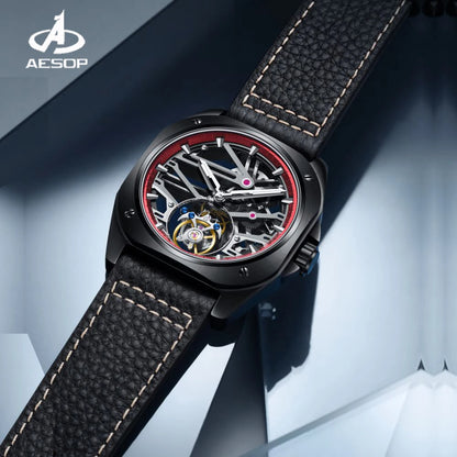 Aesop luxo tourbillon relógio para homens relógios de moda mecânica à prova dwaterproof água esqueleto tourbillon movimento safira caso quadrado a
