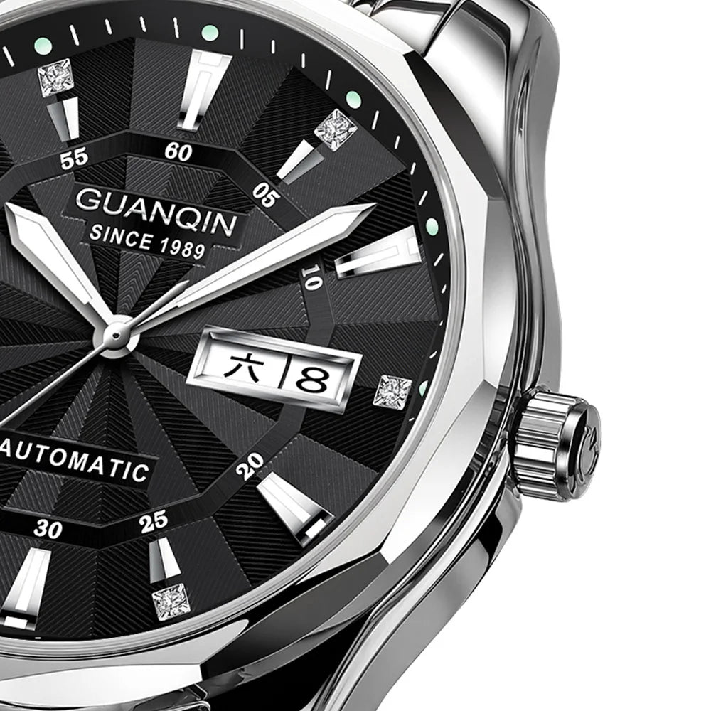 Relógio masculino mecânico luminoso de aço de tungstênio, à prova d'água, moda empresarial, calendário duplo, safira, movimento japonês