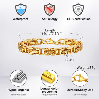 Mens Chunky Byzantine Bracelets,Retro Grey 8mm Stainless Steel Braided Link Wristband,Vintage Jewelry Gift for Him Boy