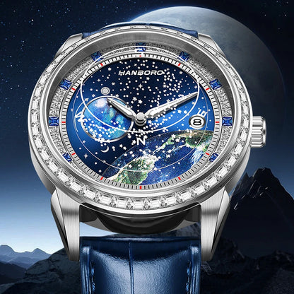 Hanboro série de exploração lunar relógio mecânico totalmente automático masculino moda estrelada luz noturna relógio à prova d'água