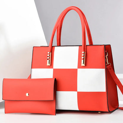 Bolsa tote casual de couro pu 2 tamanhos, bolsa de ombro de grande capacidade com bolsa pequena, cartões, chaves, carteira