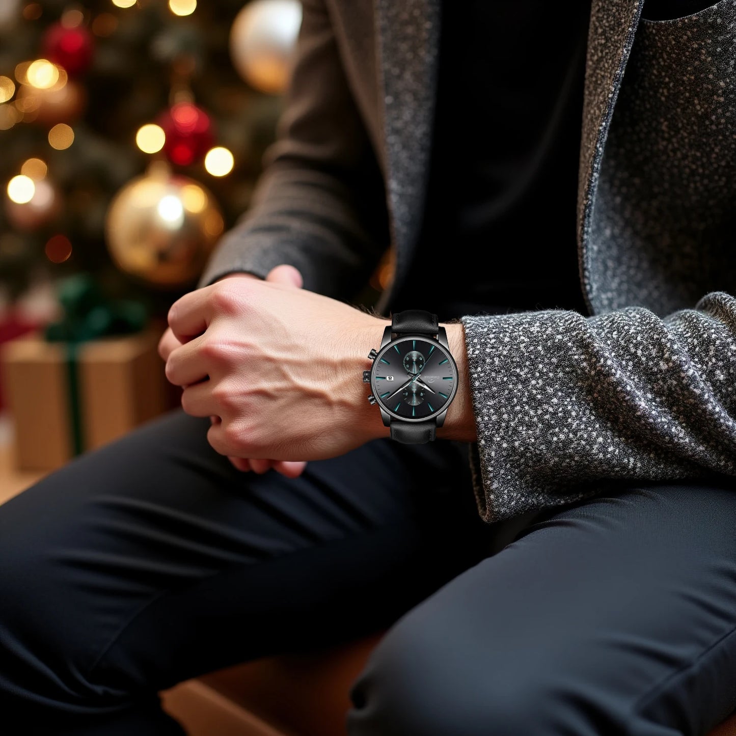 Calmtick Fashion Business Pointer Quartz Watch with Stopwatch Luminous Waterproof Leather Strap