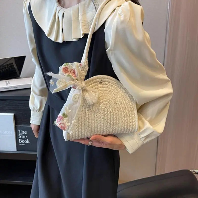 Moda palha boêmio bolsa versátil tecido praia balde saco crossbody bolsa de ombro feminina artesanal tecido saco feminino