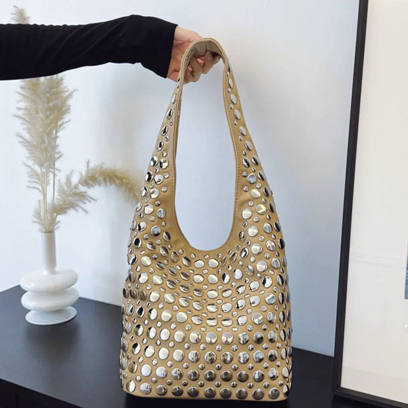 Bolsa de ombro cravejada feminina y2k 90s estilo punk meninas axilas bolsa de embreagem macio couro do plutônio senhora hobo bolsa balde