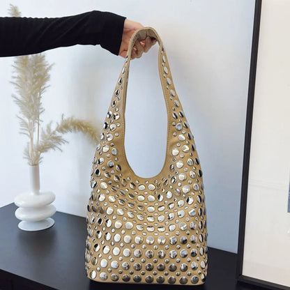 Bolsa de ombro cravejada feminina y2k 90s estilo punk meninas axilas bolsa de embreagem macio couro do plutônio senhora hobo bolsa balde