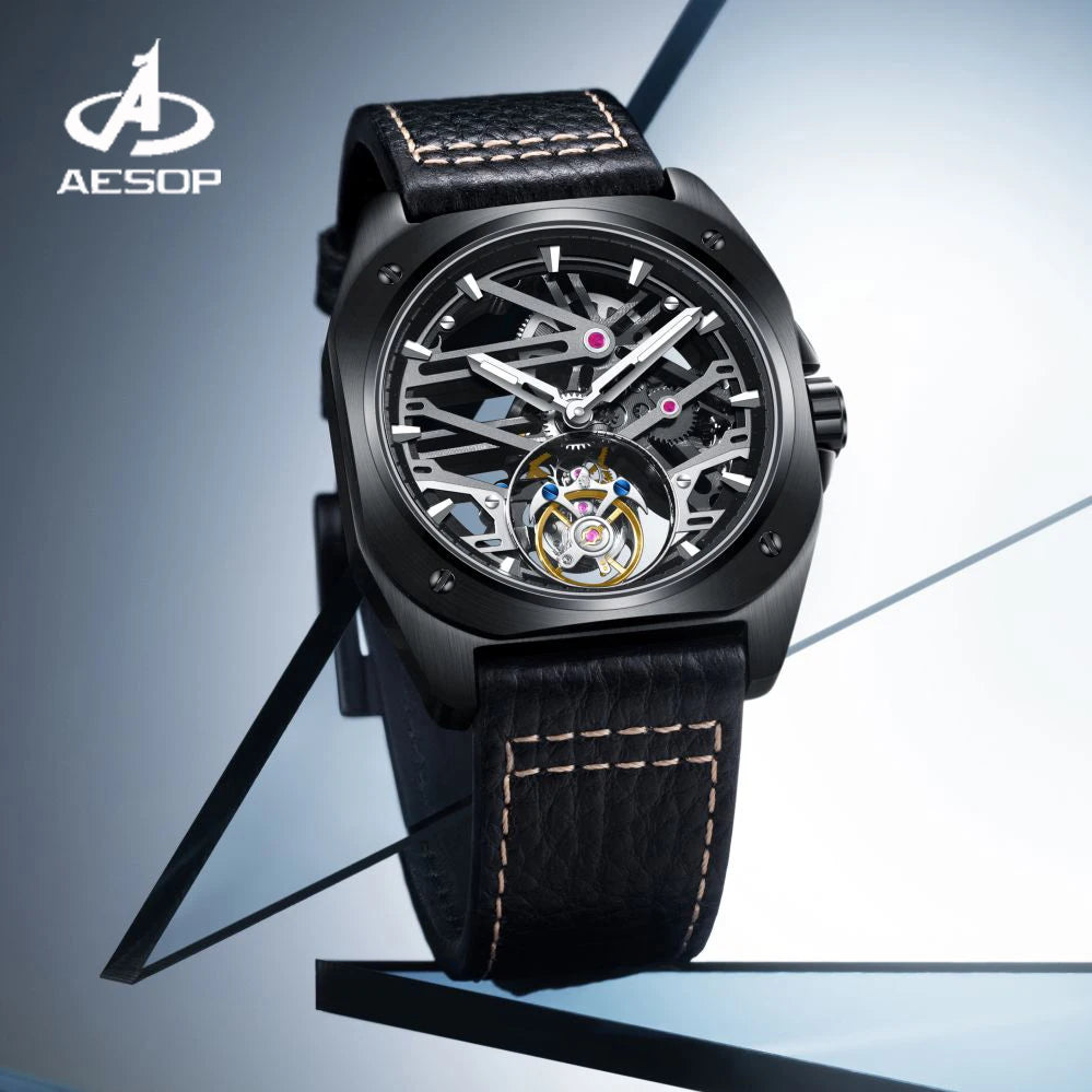 Aesop luxo tourbillon relógio para homens relógios de moda mecânica à prova dwaterproof água esqueleto tourbillon movimento safira caso quadrado a