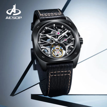 Aesop luxo tourbillon relógio para homens relógios de moda mecânica à prova dwaterproof água esqueleto tourbillon movimento safira caso quadrado a