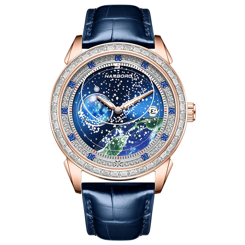 Hanboro série de exploração lunar relógio mecânico totalmente automático masculino moda estrelada luz noturna relógio à prova d'água