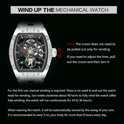 MEGIR Men's Automatic Mechanical Watch with Stainless Steel Case Silicone Band Skeleton Dial Waterproof Sport Wristwatch