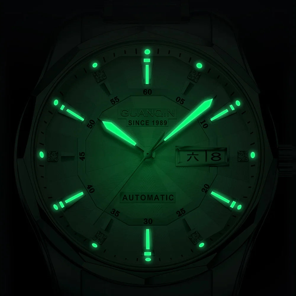 Relógio masculino mecânico luminoso de aço de tungstênio, à prova d'água, moda empresarial, calendário duplo, safira, movimento japonês
