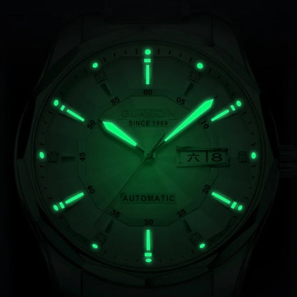 Relógio masculino mecânico luminoso de aço de tungstênio, à prova d'água, moda empresarial, calendário duplo, safira, movimento japonês