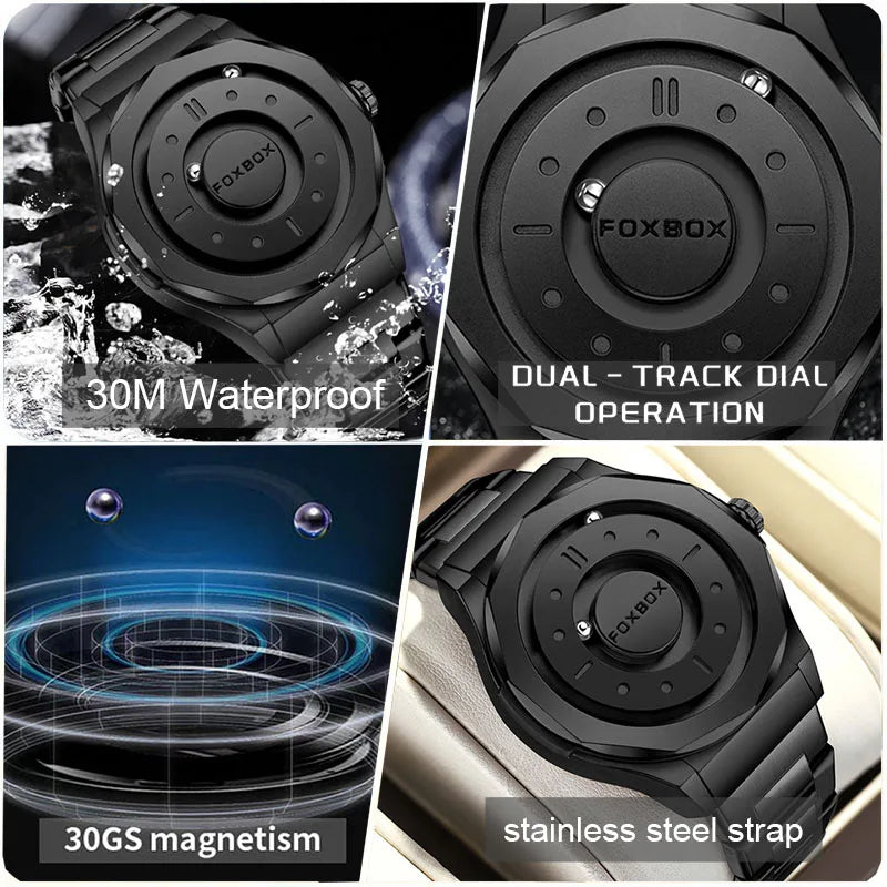 FOXBOX Creative Scrolling Pointer Magnetic Force Men's Quartz Wristwatches Outdoor Sports Waterproof Watch Men Relogio Masculino