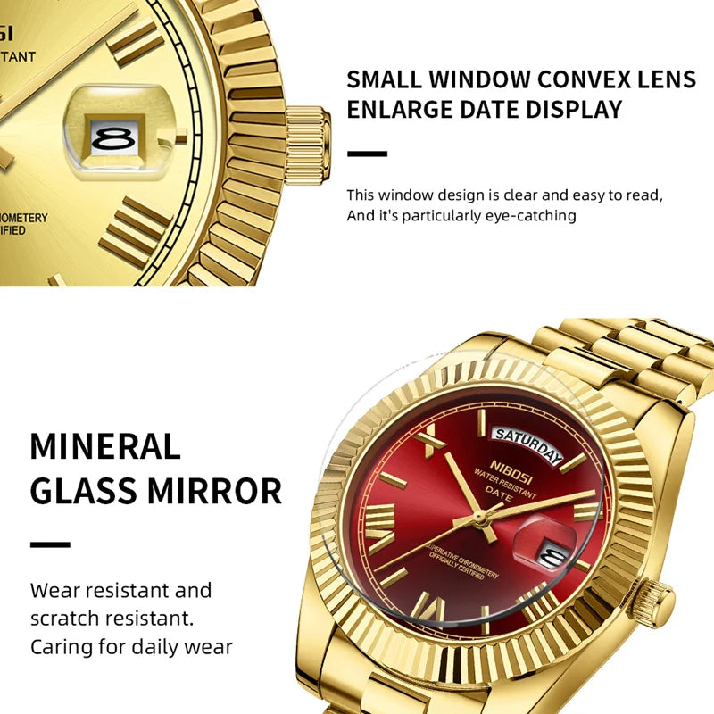 Nibosi marca de luxo ouro vermelho relógio quartzo para homens aço inoxidável à prova dwaterproof água luminosa data semana moda relógios masculinos reloj hombre