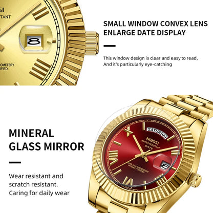 Nibosi marca de luxo ouro vermelho relógio quartzo para homens aço inoxidável à prova dwaterproof água luminosa data semana moda relógios masculinos reloj hombre