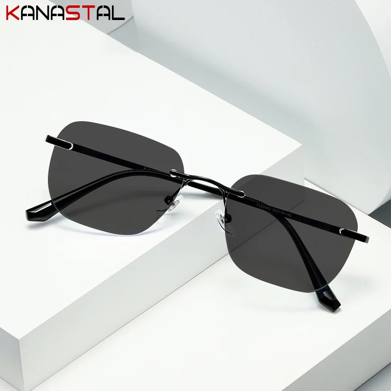 Homens sem aro polarizado óculos de sol feminino uv400 óculos de sol puro titânio quadro óculos de condução anti brilho sombra eyewear