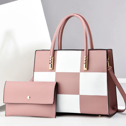 Bolsa tote casual de couro pu 2 tamanhos, bolsa de ombro de grande capacidade com bolsa pequena, cartões, chaves, carteira