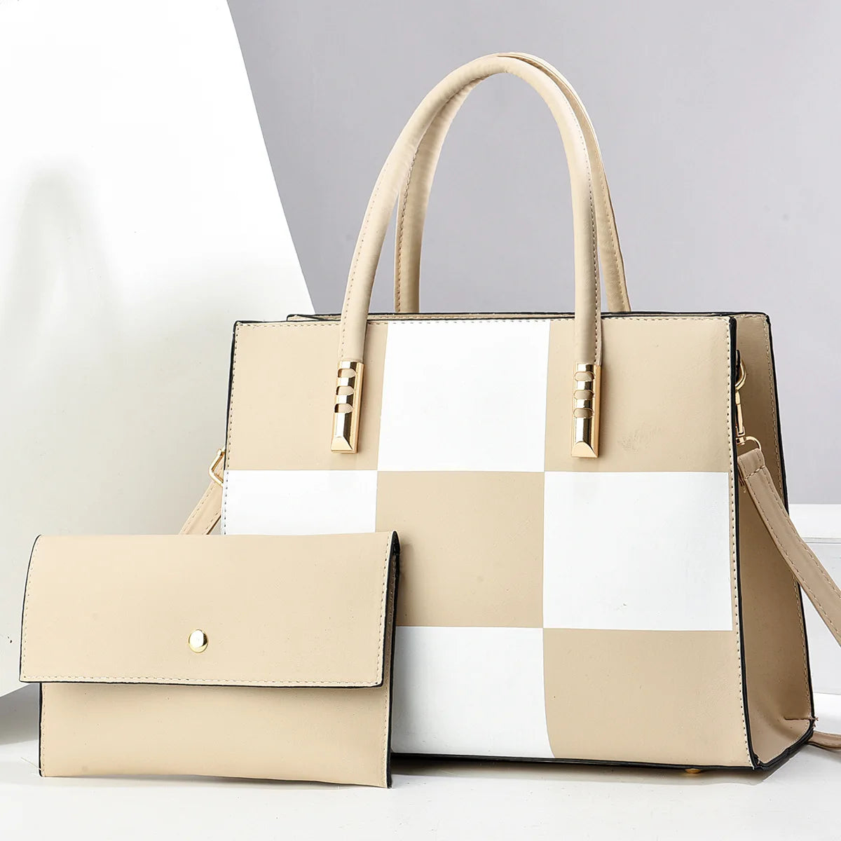 Bolsa tote casual de couro pu 2 tamanhos, bolsa de ombro de grande capacidade com bolsa pequena, cartões, chaves, carteira