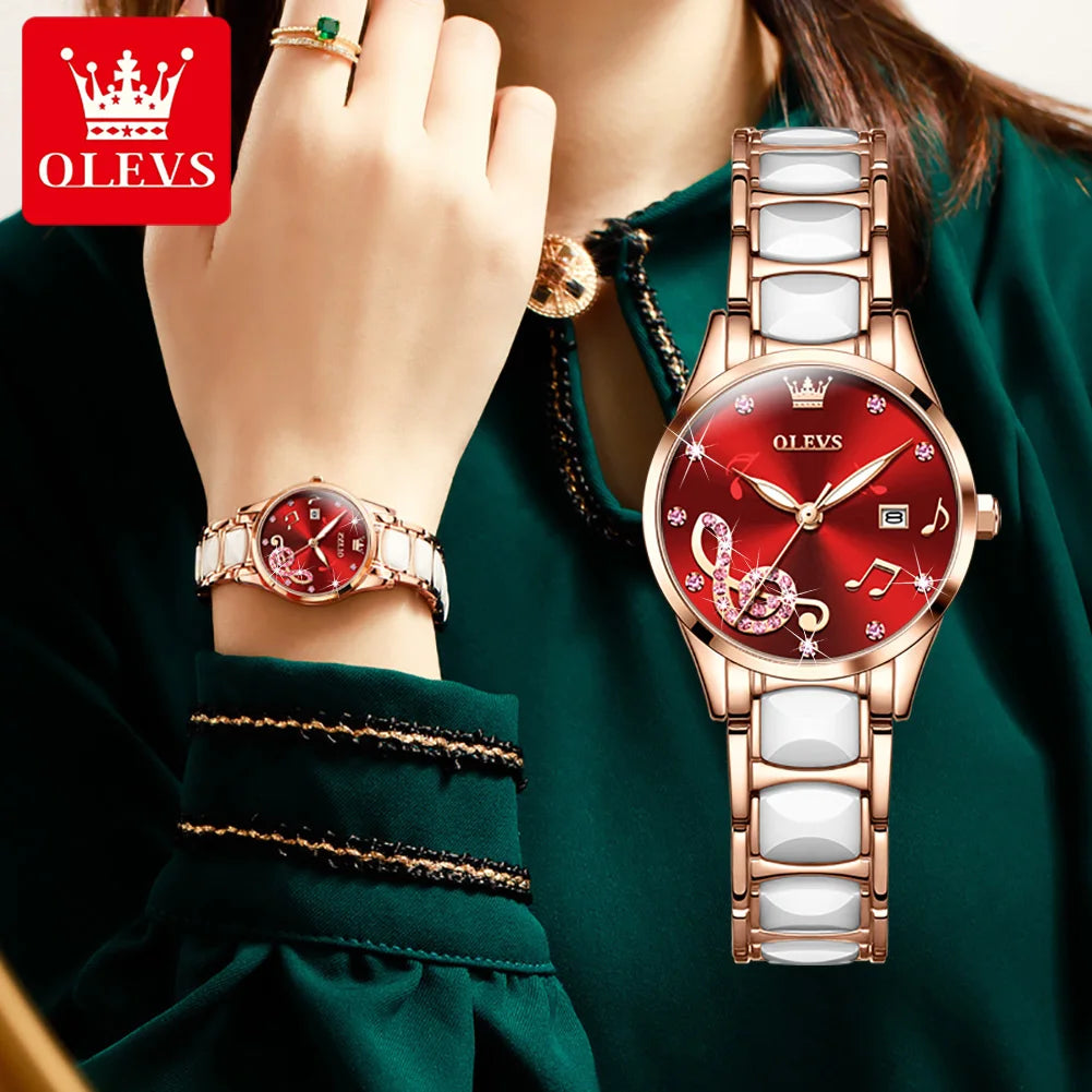 OLEVS Brand Diamond Inlaid Watch Sparkling Ceramic Quartz Watch Sparkling Star Luxury Taste Waterproof Luminous Women's Watch
