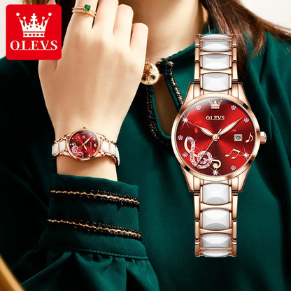 OLEVS Brand Diamond Inlaid Watch Sparkling Ceramic Quartz Watch Sparkling Star Luxury Taste Waterproof Luminous Women's Watch
