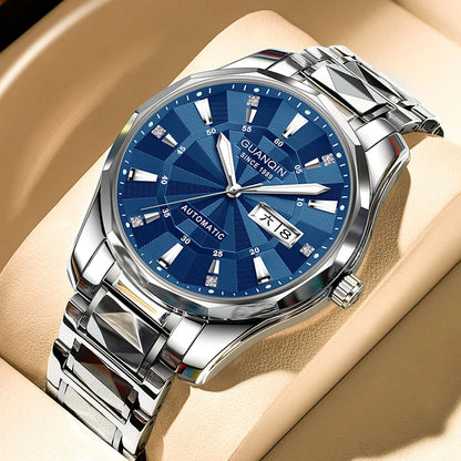 Relógio masculino mecânico luminoso de aço de tungstênio, à prova d'água, moda empresarial, calendário duplo, safira, movimento japonês