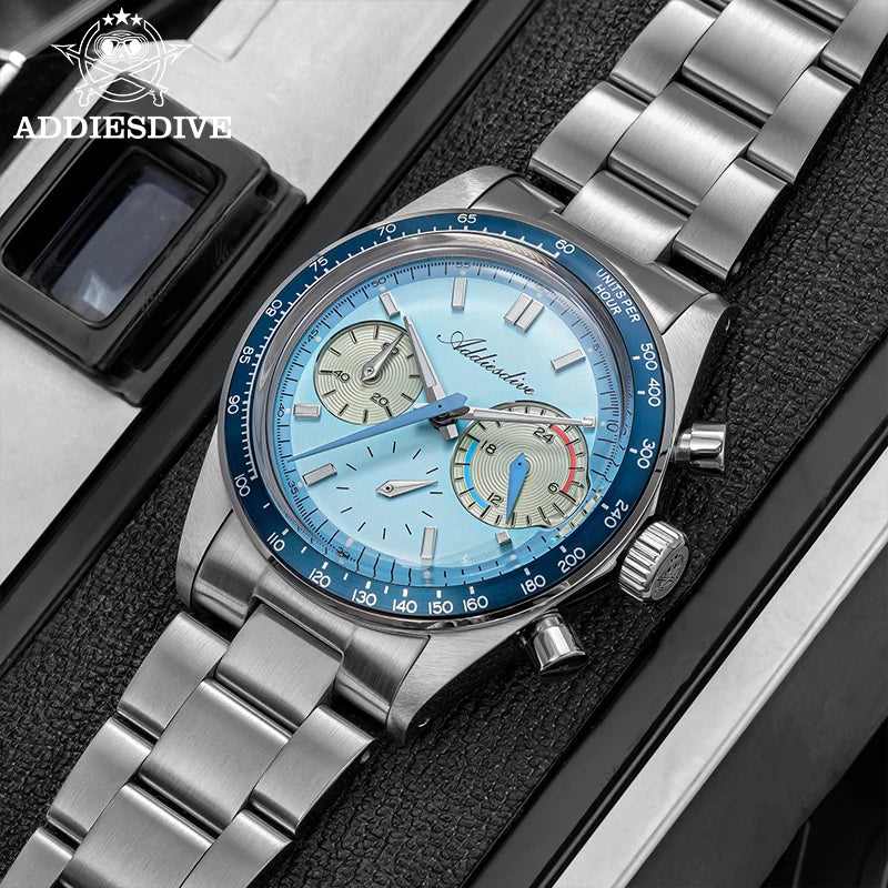 ADDIESDIVE New Men's Watches Bubble Glass 37mm Retro VK63 Chronography Quartz Watches Waterproof BGW9 Luminous Sports Wristwatch