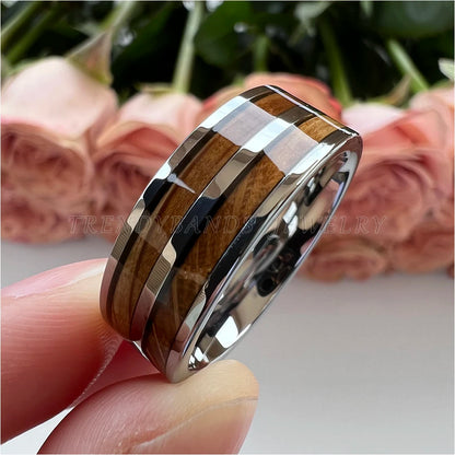 Anel de casamento de tungstênio, 8mm, masculino, feminino, joias da moda para casal, barril de uísque, incrustação de madeira, polido, brilhante, ajuste confortável