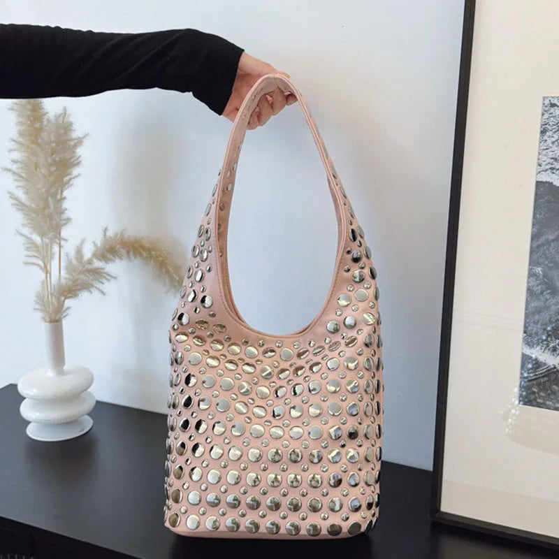 Bolsa de ombro cravejada feminina y2k 90s estilo punk meninas axilas bolsa de embreagem macio couro do plutônio senhora hobo bolsa balde