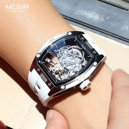 MEGIR Men's Automatic Mechanical Watch with Stainless Steel Case Silicone Band Skeleton Dial Waterproof Sport Wristwatch