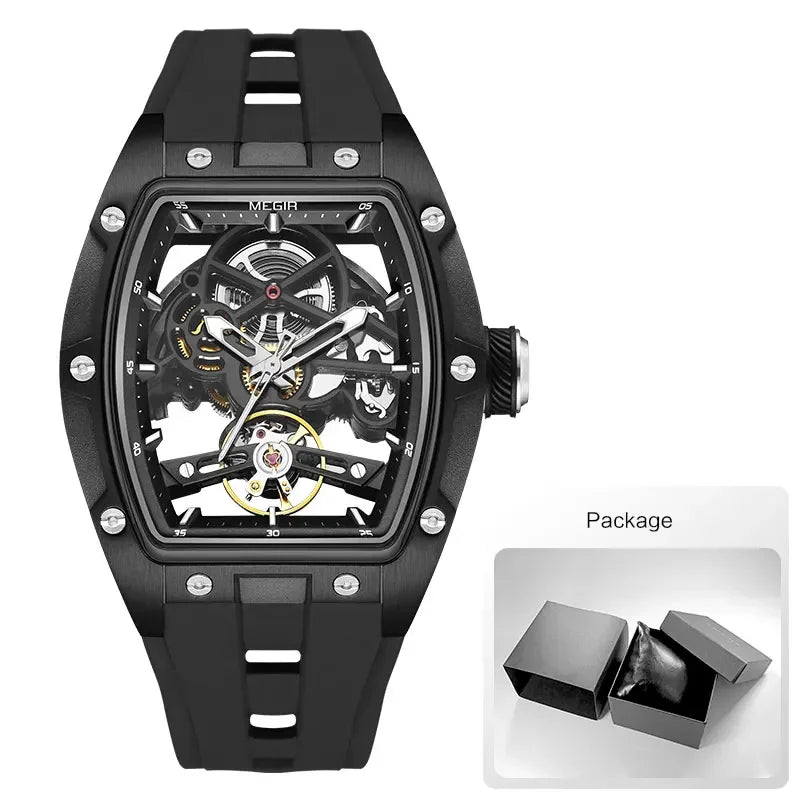 MEGIR Men's Automatic Mechanical Watch with Stainless Steel Case Silicone Band Skeleton Dial Waterproof Sport Wristwatch