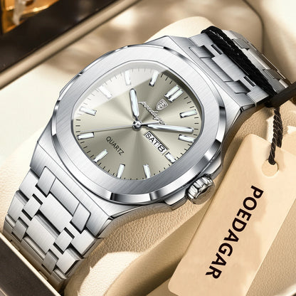 POEDAGAR Original Fashion Men's Watches Waterproof Luminous Date Week Men Watch Stainless Steel Business Luxury Quartz Man Watch