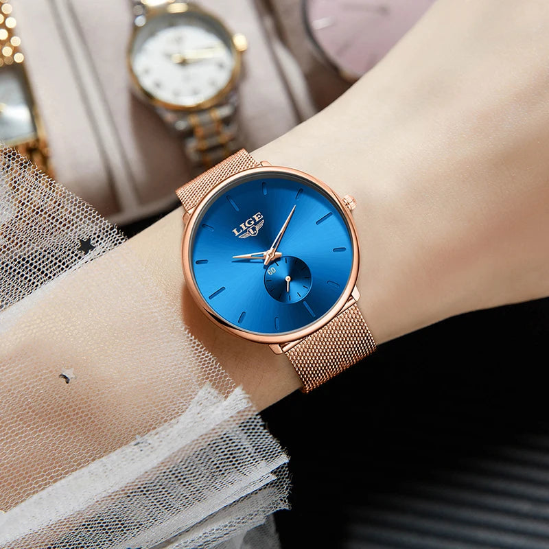 Lige criativo ultra fino malha relógio de quartzo para mulher simples elegante à prova dwaterproof água senhoras relógio moda esporte feminino pulseira relógio