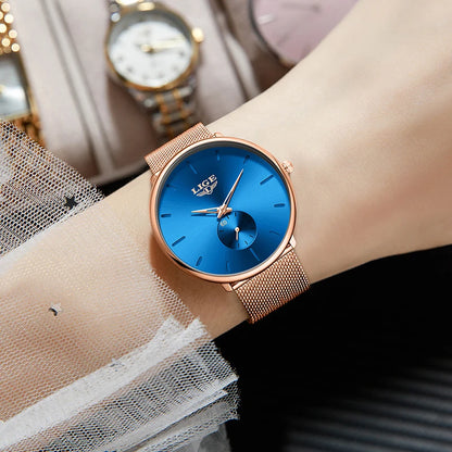 Lige criativo ultra fino malha relógio de quartzo para mulher simples elegante à prova dwaterproof água senhoras relógio moda esporte feminino pulseira relógio