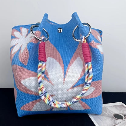 2025 nova bolsa feminina retrô de malha floral, com alça de ombro tecida ajustável e fivela de anel de metal