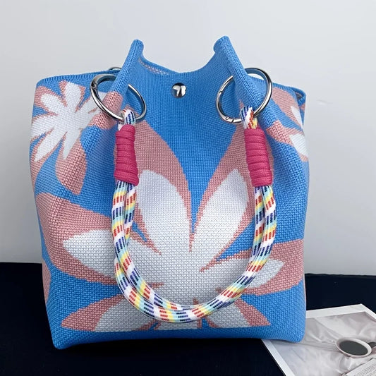 2025 nova bolsa feminina retrô de malha floral, com alça de ombro tecida ajustável e fivela de anel de metal
