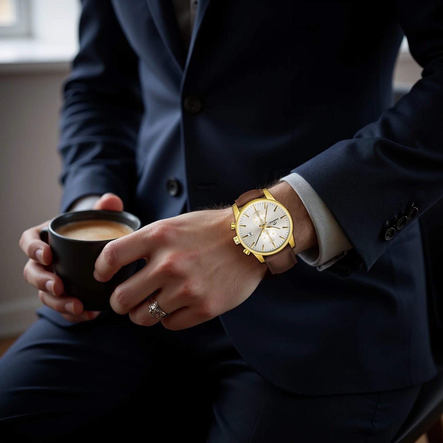 Calmtick Fashion Business Pointer Quartz Watch with Stopwatch Luminous Waterproof Leather Strap