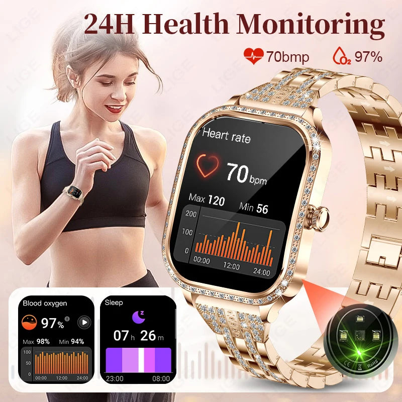 LIGE Relógios inteligentes para mulheres à prova d'água Bluetooth Call Fitness Tracker Smartwatch Mujer Relógio digital feminino Monitor de frequência cardíaca Frequência cardíaca/Monitor de sono/Pedômetro/Calorias