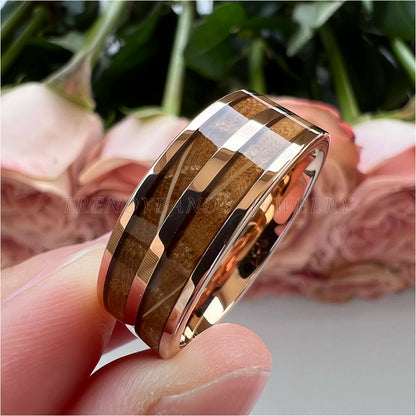 Anel de casamento de tungstênio, 8mm, masculino, feminino, joias da moda para casal, barril de uísque, incrustação de madeira, polido, brilhante, ajuste confortável