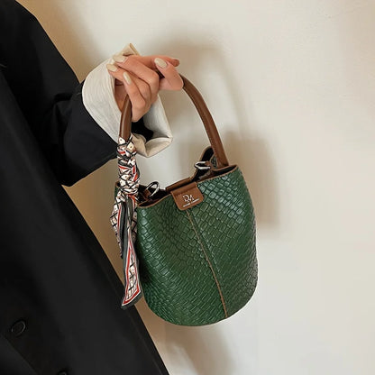 Bolsa balde feminina elegante, bolsa de ombro com efeito tecido de cor sólida elegante e bolsa crossbody, pode ser transportada à mão