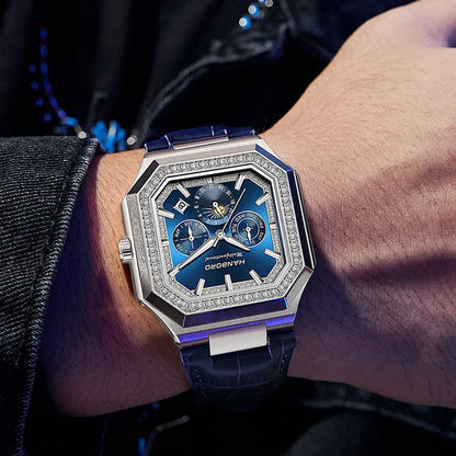 HANBORO Relógio Mecânico Totalmente Automático Masculino Quadrado Multifuncional Relógio de Tendência da Moda