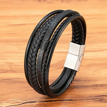 XQNI Luxury Fashion Hand-Woven Leather Bracelet Multilayer Men's Bangles Stainless Steel Magnetic Buckle Party Jewelry Gift