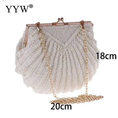 Elegante Pérola Beading Bolsa e Bolsa para Mulheres, Branco Shell Pochette, Senhora Bordada, Banquete de Casamento, Bolsa Noite