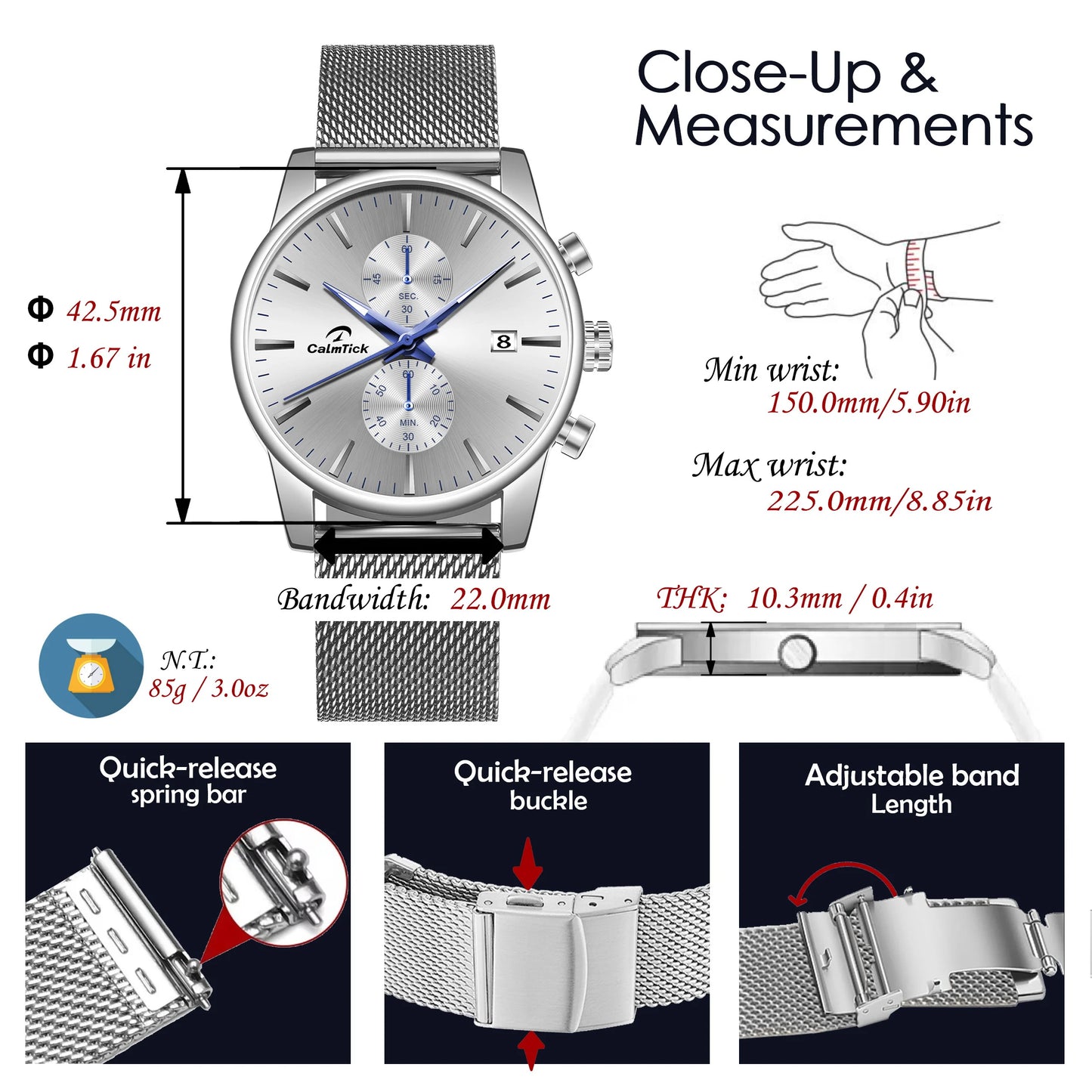 CalmTick Fashion Business Pointer Quartz Watch with Stopwatch Luminous Waterproof Metal Strap