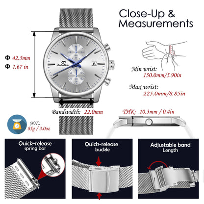 CalmTick Fashion Business Pointer Quartz Watch with Stopwatch Luminous Waterproof Metal Strap