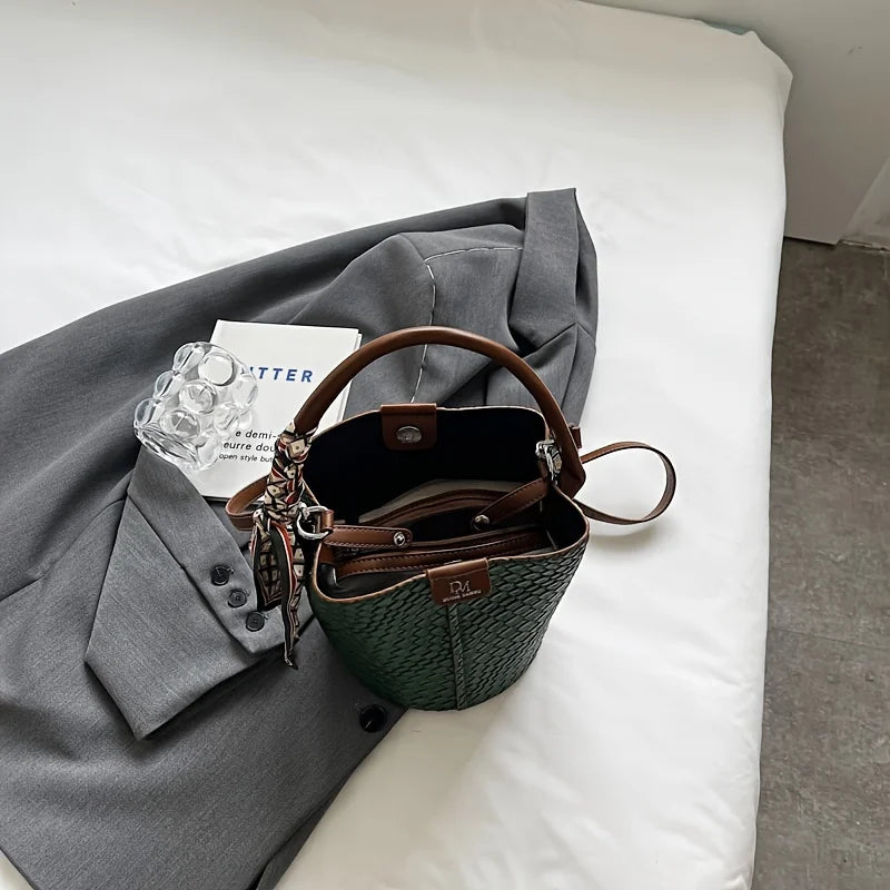 Bolsa balde feminina elegante, bolsa de ombro com efeito tecido de cor sólida elegante e bolsa crossbody, pode ser transportada à mão