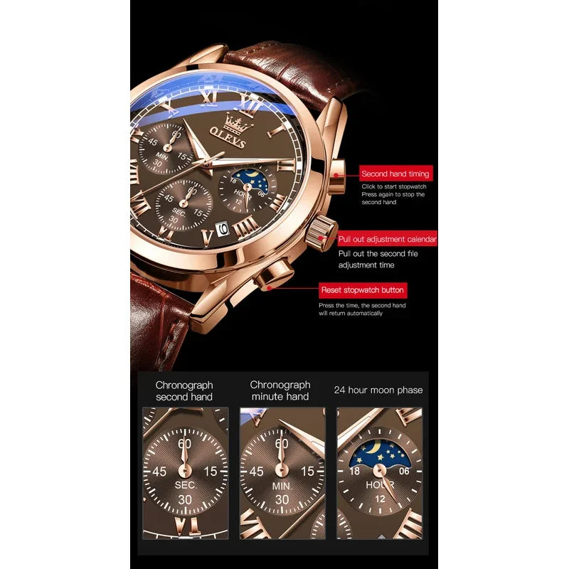 OLEVS 2871 Man Watch Chronograph Waterproof Moon Phase Multifunction Men's Wristwatch Luxury Quartz Watch Men