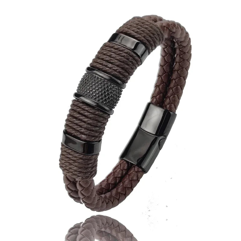 Luxury Vintage Multilayer Brown Leather Stainless Steel  Men Bracelet Bead Bracelet Jewelry Male Wrist Bangle Christmas Gifts