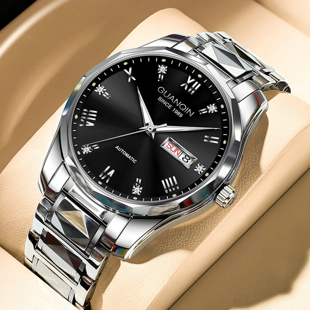 Relógio masculino mecânico luminoso de aço de tungstênio, à prova d'água, moda empresarial, calendário duplo, safira, movimento japonês