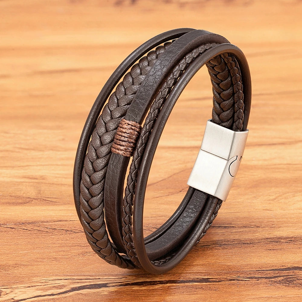 XQNI Luxury Fashion Hand-Woven Leather Bracelet Multilayer Men's Bangles Stainless Steel Magnetic Buckle Party Jewelry Gift