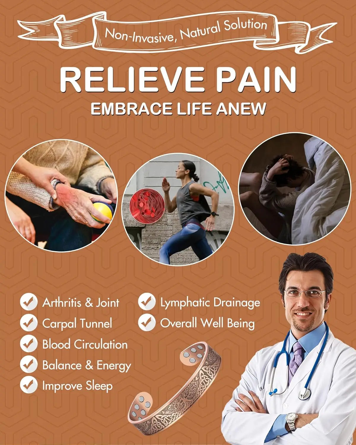 ARADOO Copper Magnetic Bracelets for Men Women with Neodymium Magnets Tree of Life Pure Copper Cuff Bangle Jewelry Gift